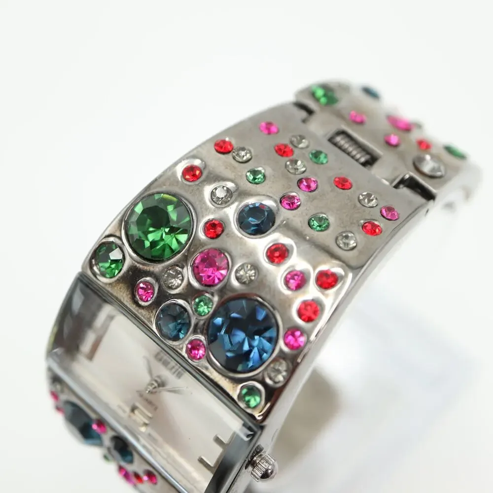Chico's Womens Jewel Cuff Watch 32mm Blue Green Pink Gems Bangle w New Battery